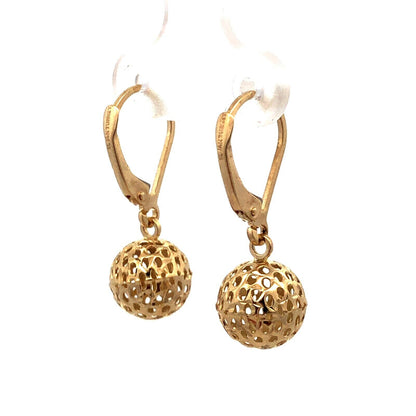 Designer RL 14K Yellow Gold Open Work Round Ball Drop Dangle Leverback Earrings