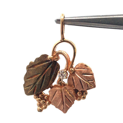Retro 10K Yellow Rose Gold Two Toned Diamond Vine Grape Leaves Design Pendant