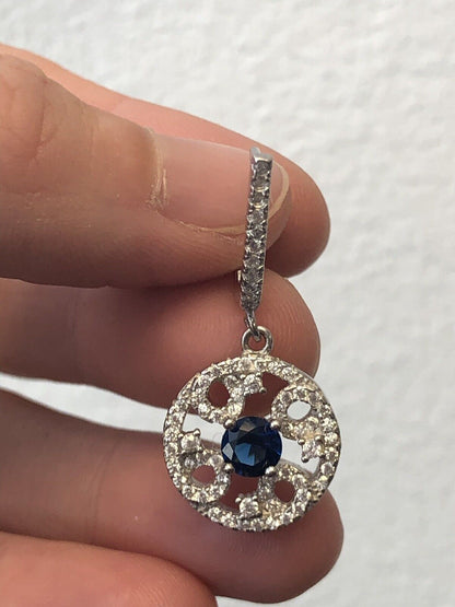 Elegant Sam & Co Sterling Silver 925 Blue Sapphire Diamond Drop Dangle Earrings