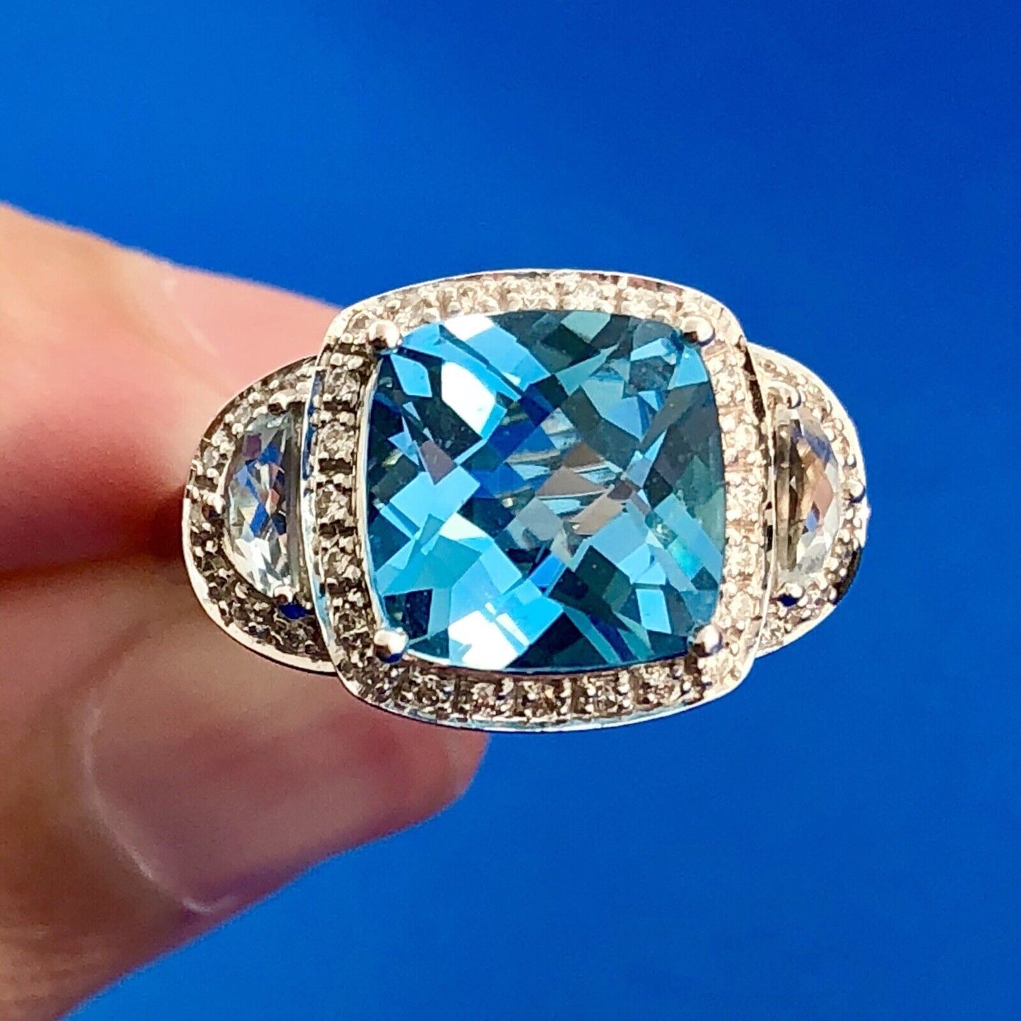 Stunning 14K White Gold Blue Topaz Diamond Aquamarine Accent Statement Ring