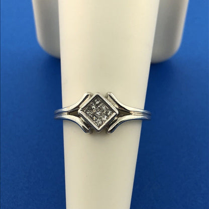 Modernist 14K White Gold Diamond Tension Set Princess Engagement Promise Ring