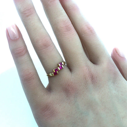 Retro 14K Yellow Gold Ruby Rectangle Modernist July Anniversary Cocktail Ring