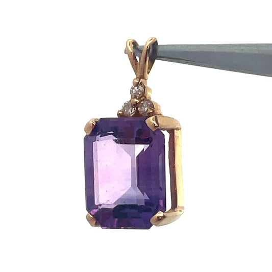 Vintage Designer 14K Yellow Gold Emerald Cut Amethyst Diamond Accent Pendant