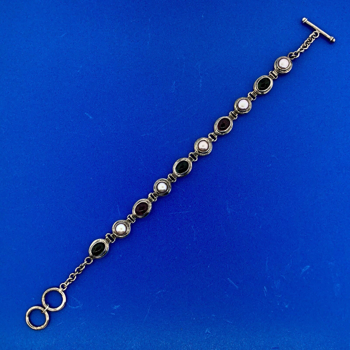 Retro Sterling Silver 925 Green Purple Amethyst Pearl February Toggle Bracelet