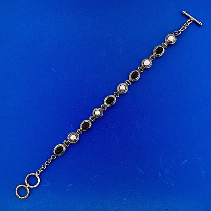 Retro Sterling Silver 925 Green Purple Amethyst Pearl February Toggle Bracelet