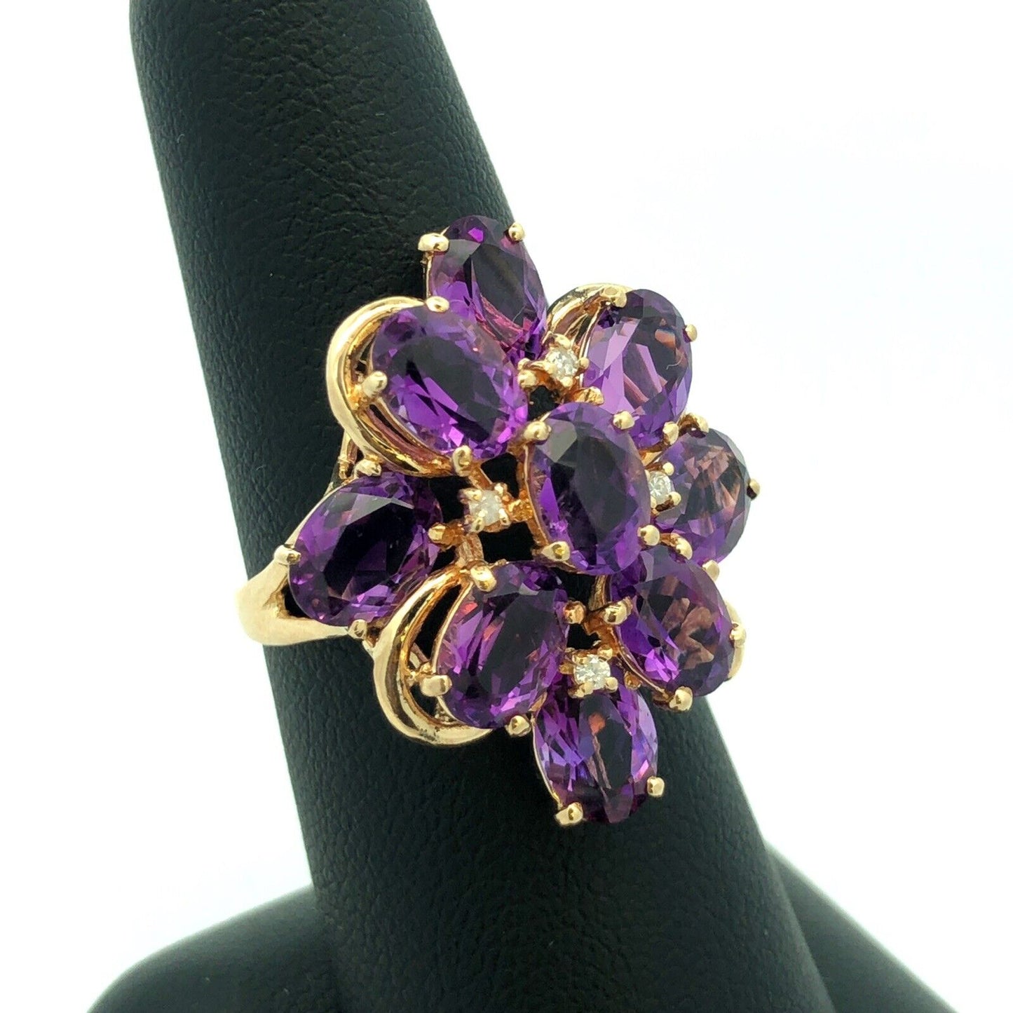 Designer 14K Yellow Gold Lab Created Oval Amethyst Diamond Cluster Cocktail Ring