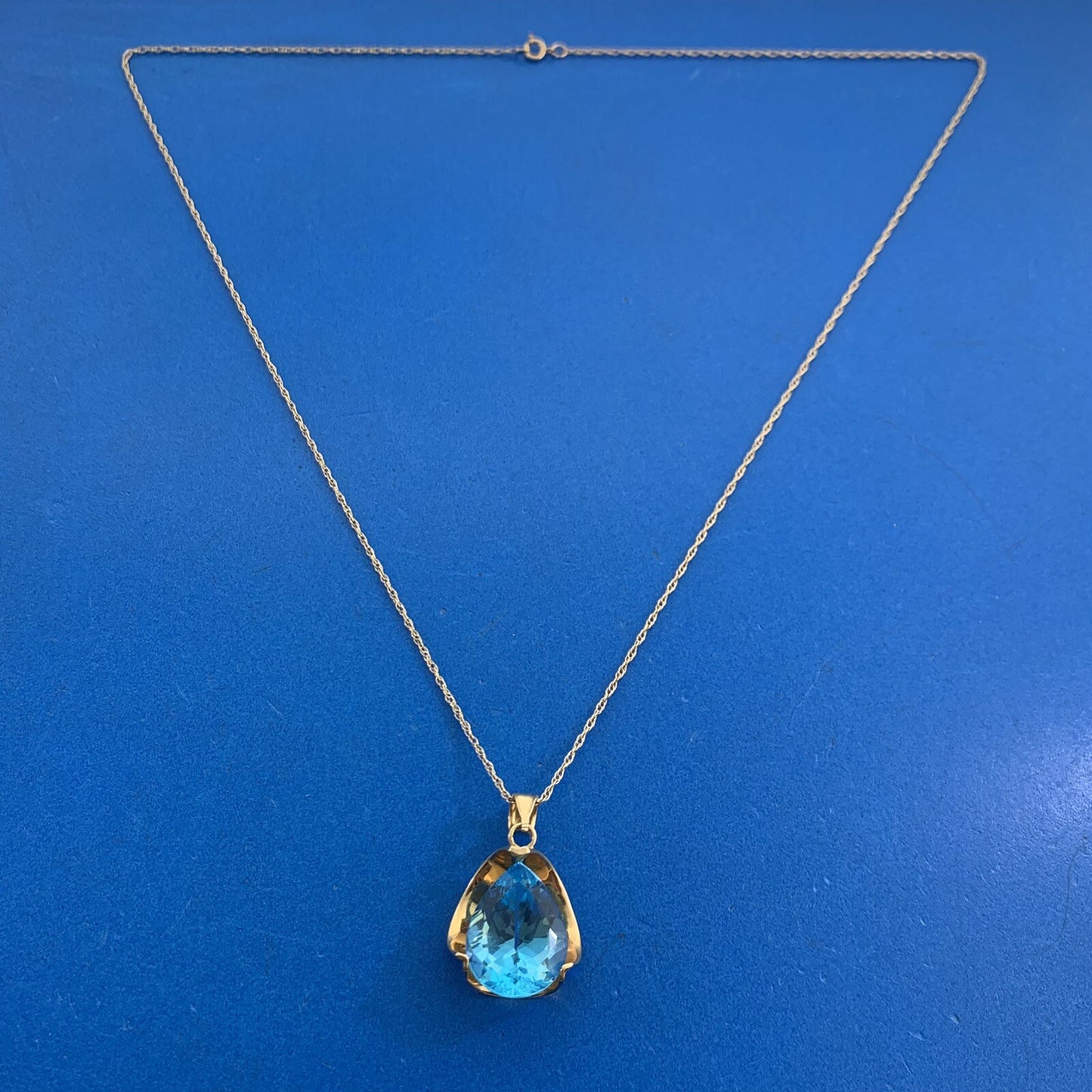 Designer 14K Yellow Gold Pear Blue Topaz Solitaire Statement Pendant Necklace