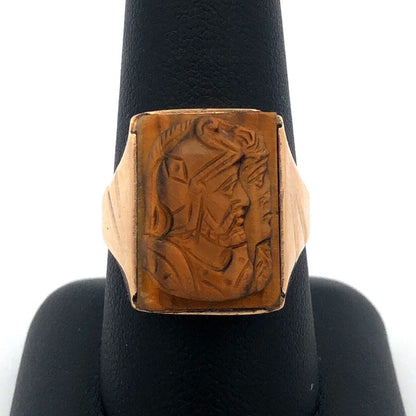 Vintage Men's 10K Yellow Gold Carved Intaglio Tiger's Eye Roman Textured Ring