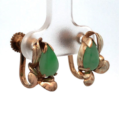 Vintage 14K Yellow Gold Pear Green Jade Cabochon Floral Screw Back Earrings