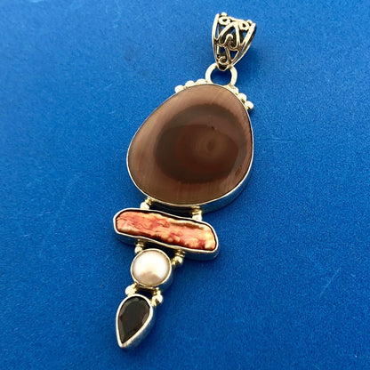 Sterling Silver 925 Carnelian Jasper MOP Garnet Pearl Statement Pendant