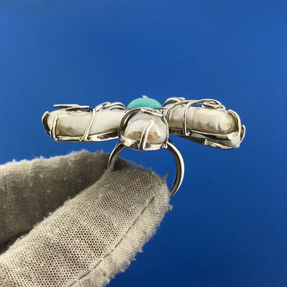 Designer 925 Sterling Silver CFJ Turquoise & Baroque Pearl Flower Floral Ring