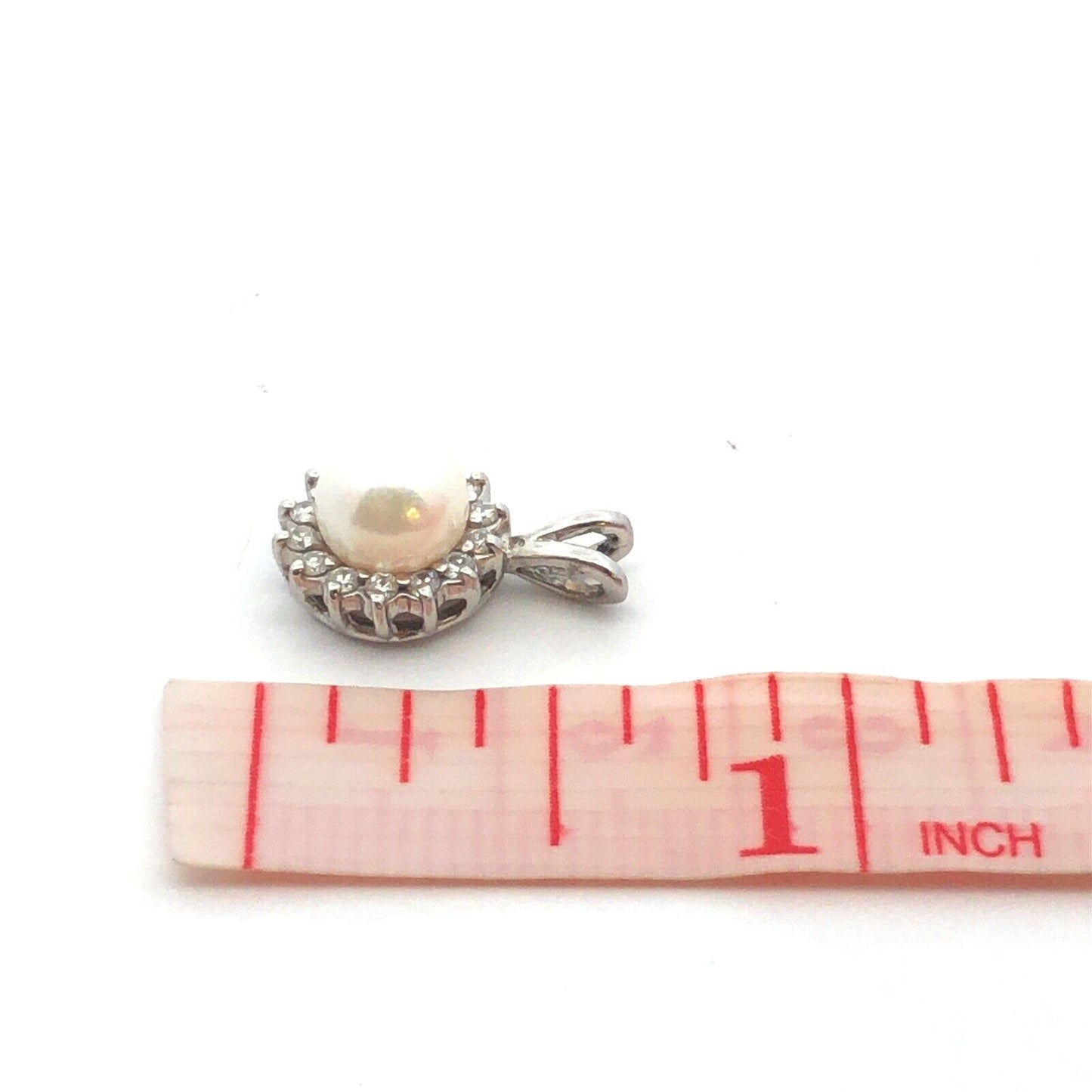 Designer BME 14K White Gold Round White Pearl Diamond Halo June Bridal Pendant