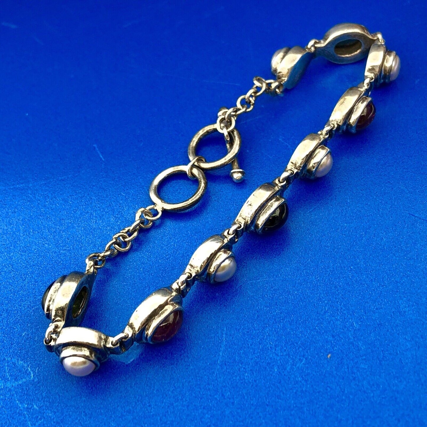 Retro Sterling Silver 925 Green Purple Amethyst Pearl February Toggle Bracelet