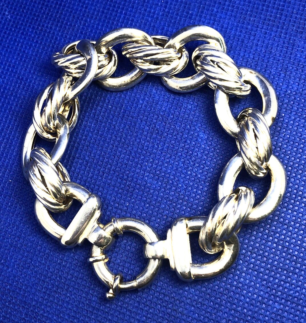 Designer Eursa Italy 925 Sterling Silver Oval Polished Ribbed Link Bracelet
