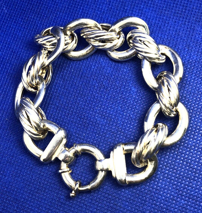Designer Eursa Italy 925 Sterling Silver Oval Polished Ribbed Link Bracelet