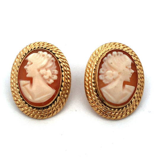 Vintage 14K Yellow Gold Oval Carved Cameo Stud Earrings