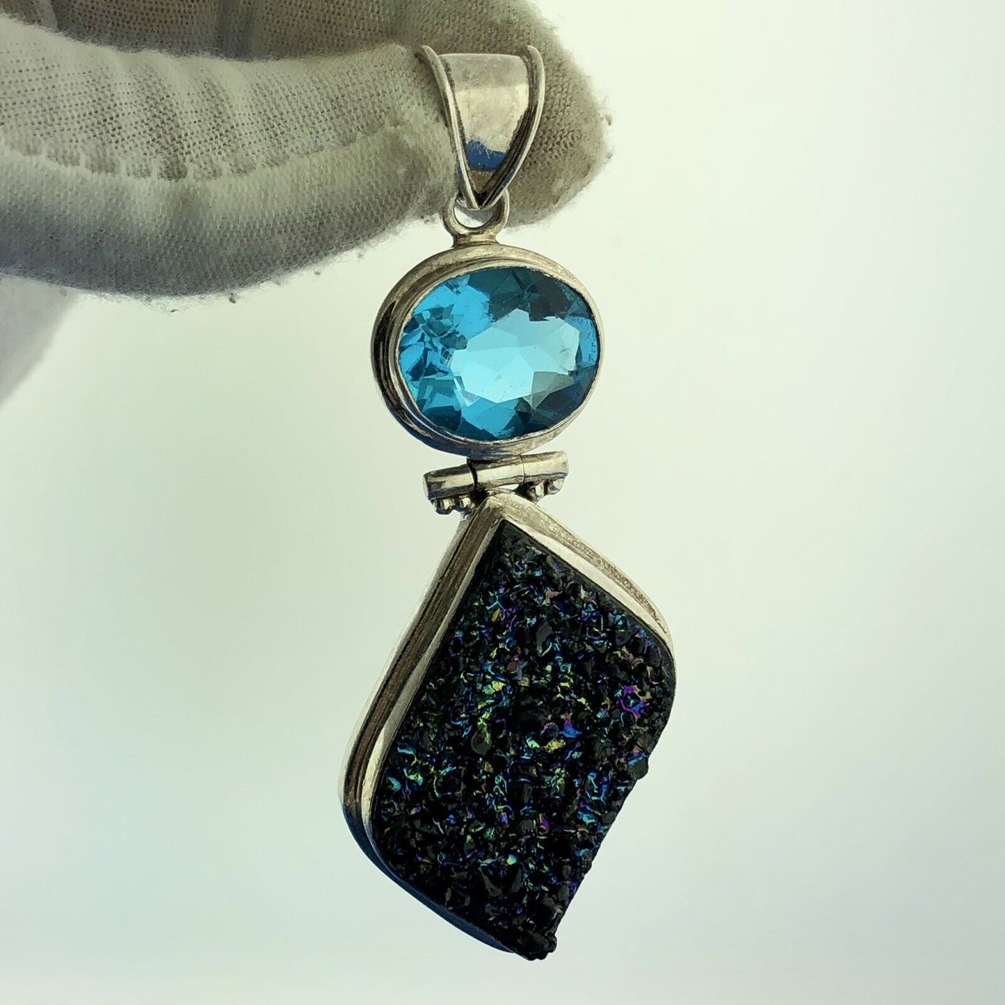 Estate Sterling Silver 925 Ocean Blue CZ Rainbow Druzy Geode Statement Pendant