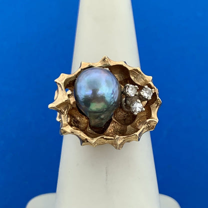 Gorgeous 14k Yellow Gold Black Pearl Diamond Nugget Basin Statement Ring Size 7
