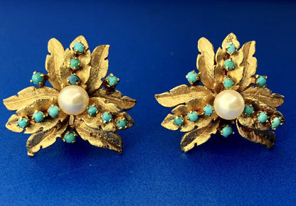 Vintage 14K Yellow Gold Pearl Turquoise Leaf Design Statement Clip Earrings