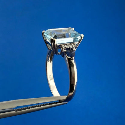 Retro 14K Wht Gold Blue Topaz Diamond Sapphire December Occasion Statement Ring