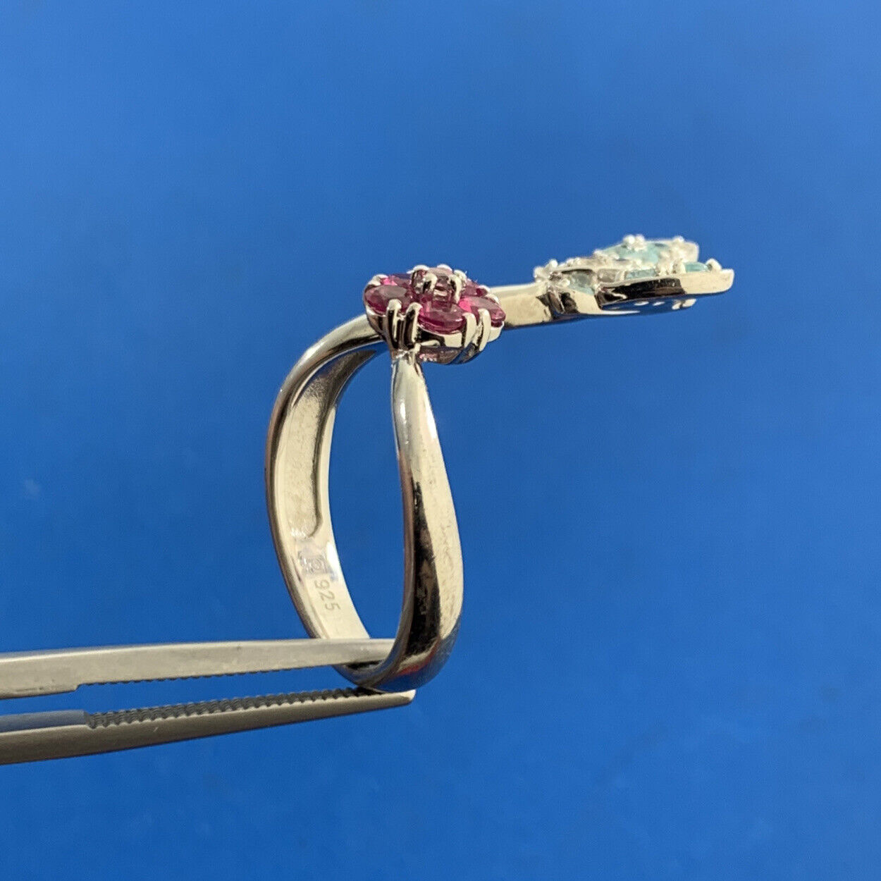 Designer Sterling Silver Pink Blue Cubic Zirconia Butterfly Flower Bypass Ring