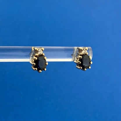 14K Yellow Gold Oval Blue Sapphire Diamond Accent Stud Earrings