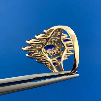 Gorgeous 10k Yellow Gold Marquise Purple Amethyst Diamond Accent Cluster Ring