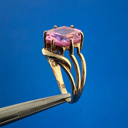 Gorgeous 10k Yellow Gold Faceted Hexagon Pink Ice CZ Modernist Ring Size 6