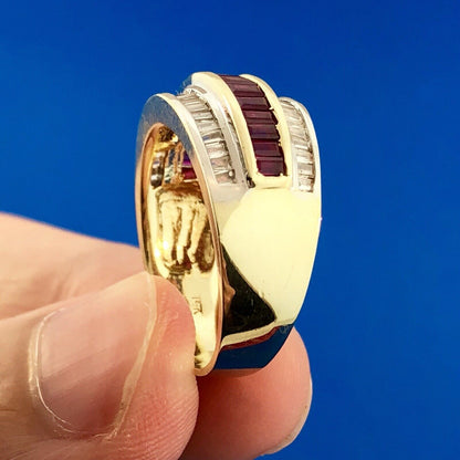 Vintage SRT 14K Yellow White Gold Diamond Ruby Channel Set Tapered Band Ring