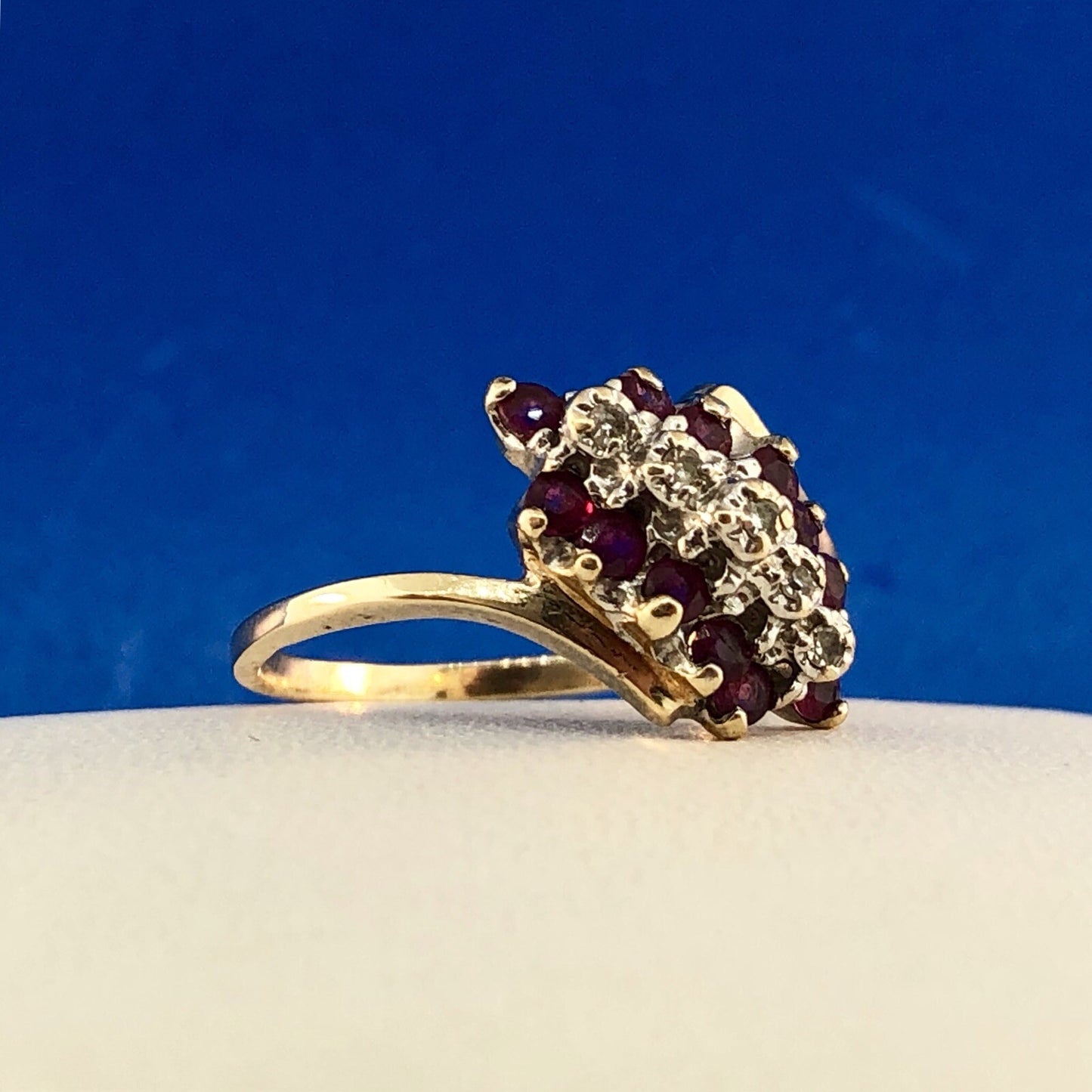 Vintage 10K Yellow Gold Ruby Diamond Cluster Bypass Cocktail July Occasion Ring