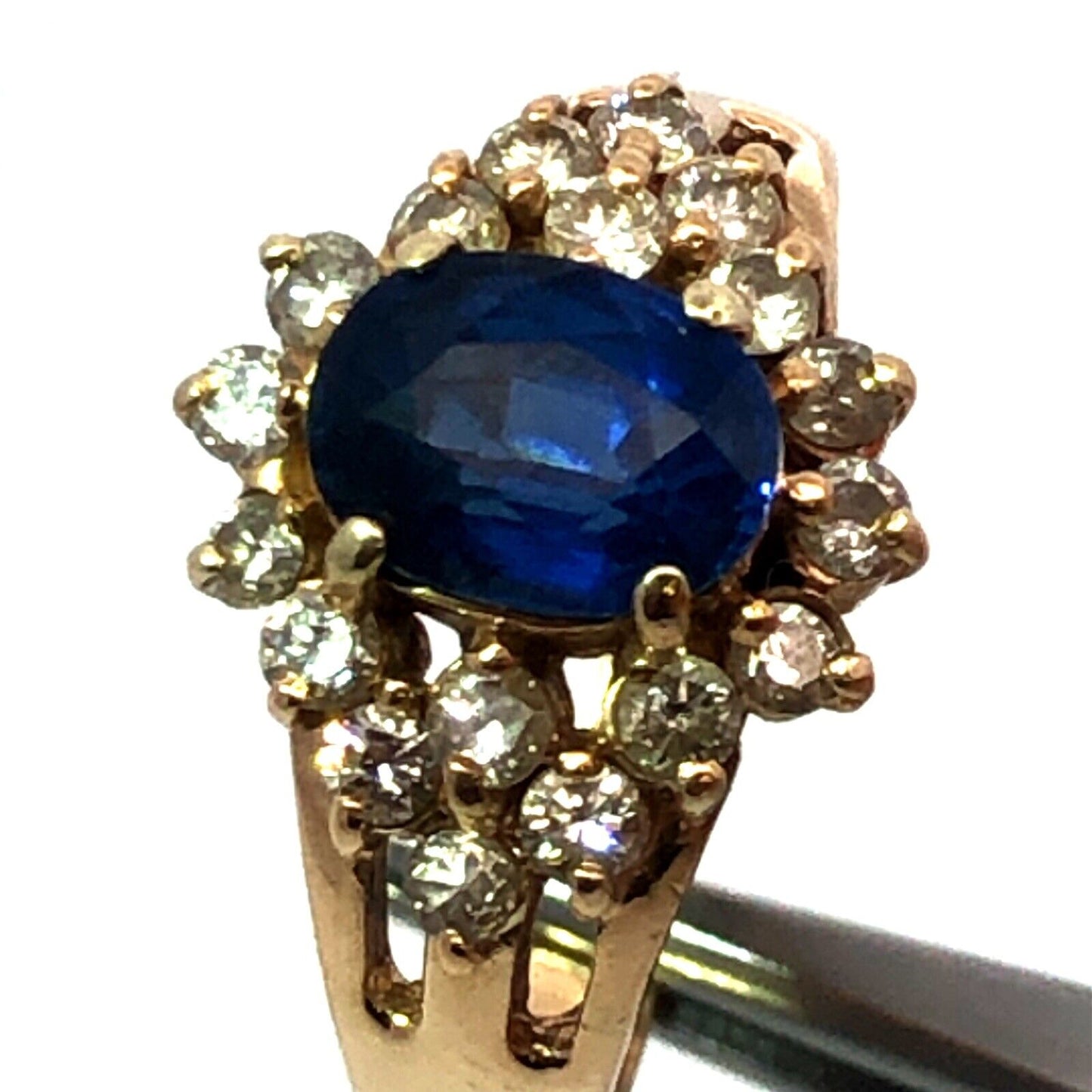 Vintage 14K Yellow Gold Oval Blue Sapphire Round Diamond Halo Anniversary Ring