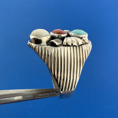 Designer Many Claw Sterling Silver 925 Turquoise Coral Agate Dome Ring Size 11