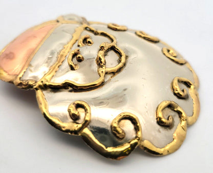 Vintage Mexico Silver Tone Copper Brass Santa Brooch/Pendant Earrings 3 Pc Set