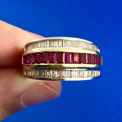 Vintage SRT 14K Yellow White Gold Diamond Ruby Channel Set Tapered Band Ring