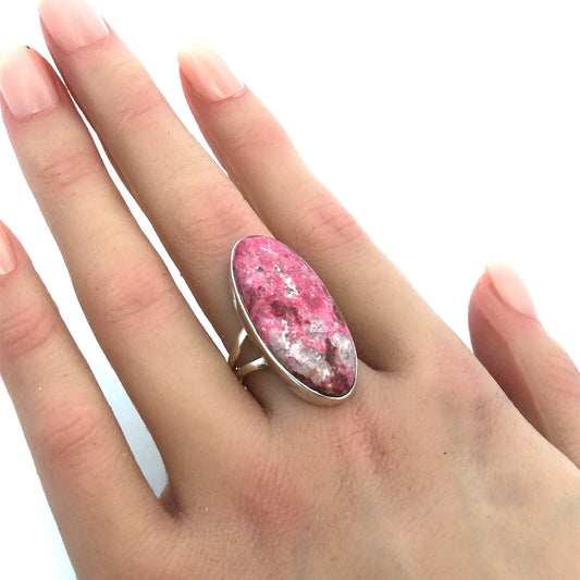 Vintage 925 Sterling Silver Oval Pink Rhodochrosite Statement Ring