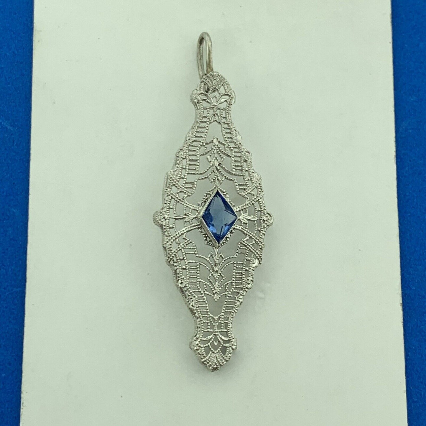 10K White Gold Blue Glass Filigree Statement Pendant