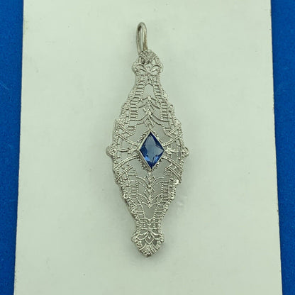 10K White Gold Blue Glass Filigree Statement Pendant