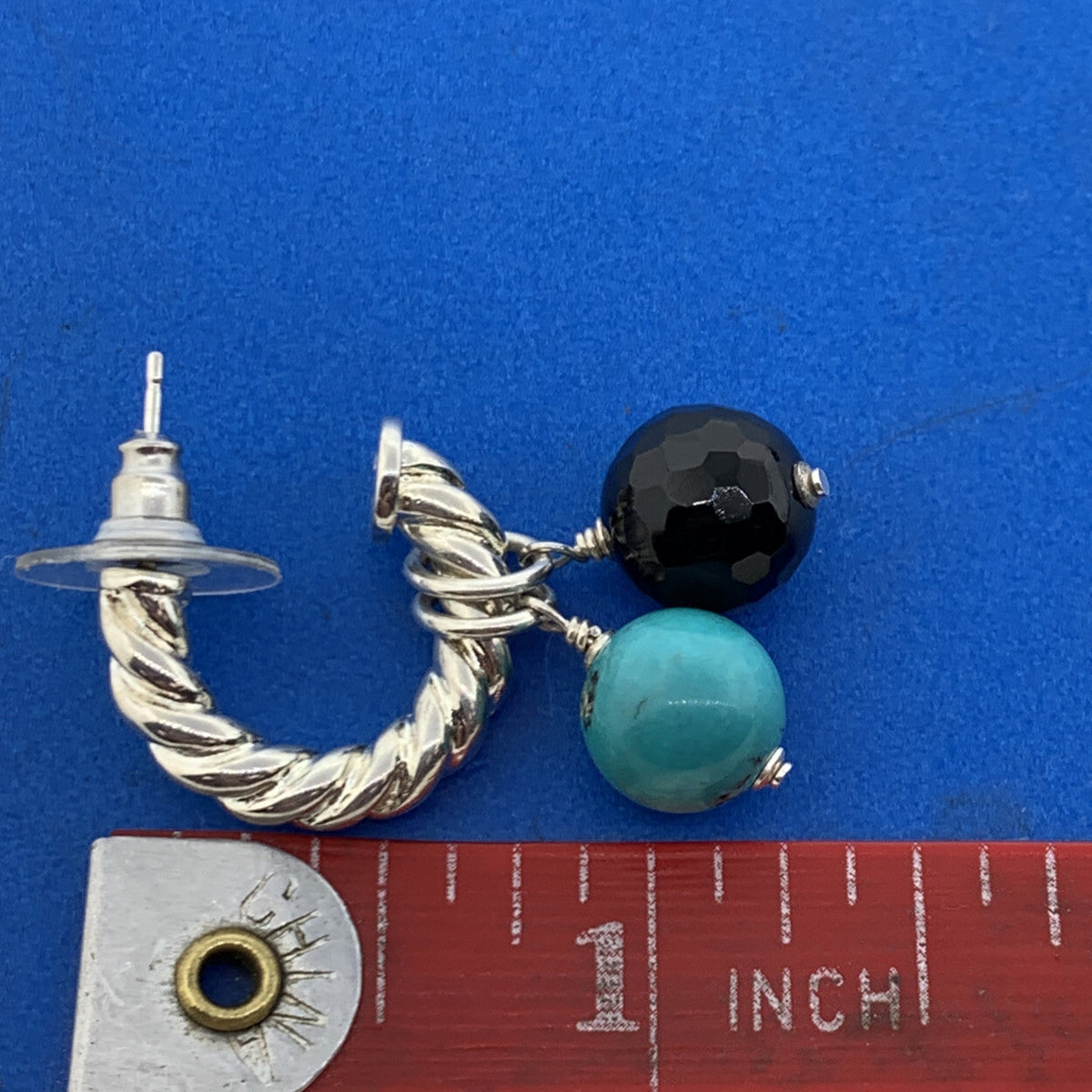 Silpada Sterling Silver 925 Turquoise Black Onyx Ribbed Cable Half Hoop Earrings