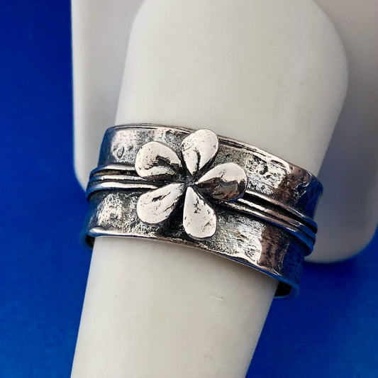 Vintage 925 Sterling Silver Daisy Peony Flower Wide Cigar Band Ring
