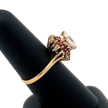 10K Yellow Gold ASC Emerald Cut White Tourmaline Ruby Halo Engagement Ring