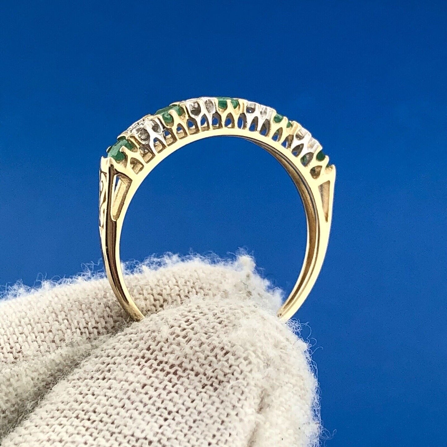 Designer 14K Yellow Gold Emerald Diamond May Anniversary Eternity Band Ring