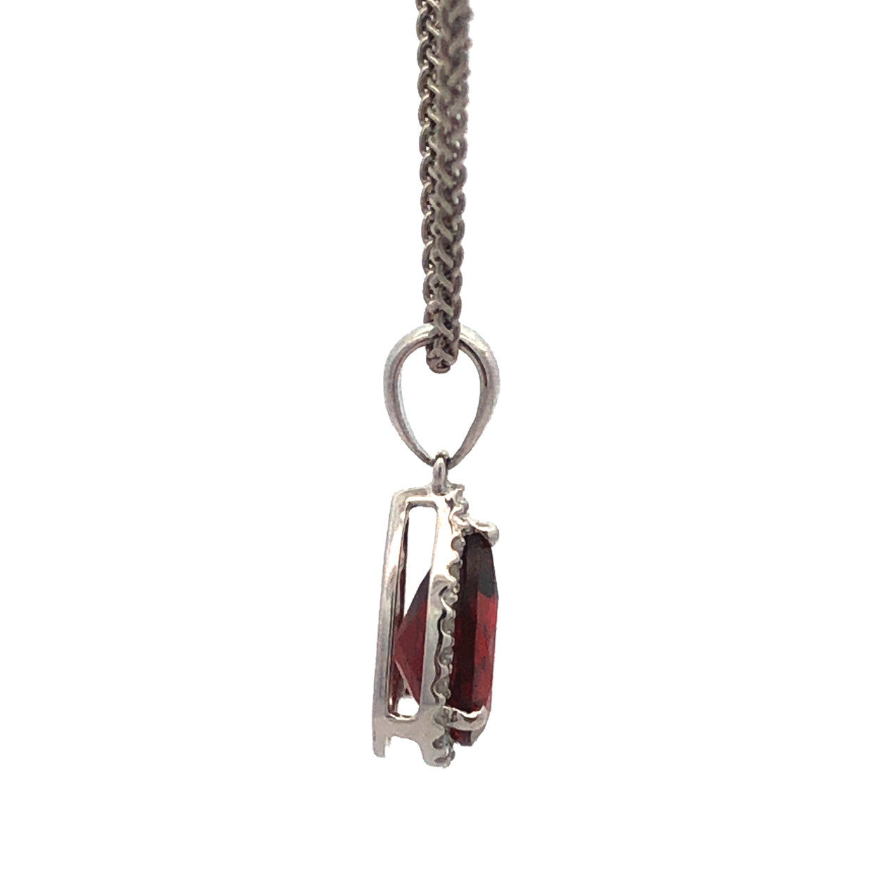 Designer 14K White Gold Pear Garnet Diamond Halo Drop Pendant Necklace