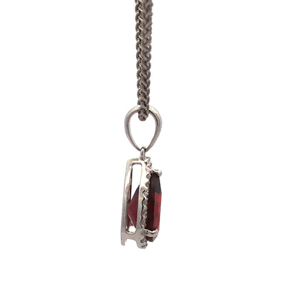Designer 14K White Gold Pear Garnet Diamond Halo Drop Pendant Necklace