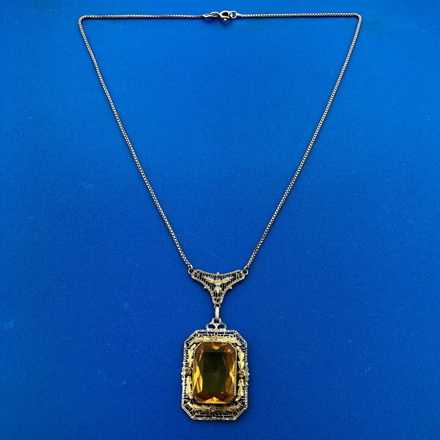 Italy 925 Sterling Silver 14K Yellow Gold Lemon Quartz Filigree Floral Necklace