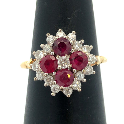 Estate Designer 18K Yellow Gold Ruby Diamond Flower Cluster Cocktail Ring