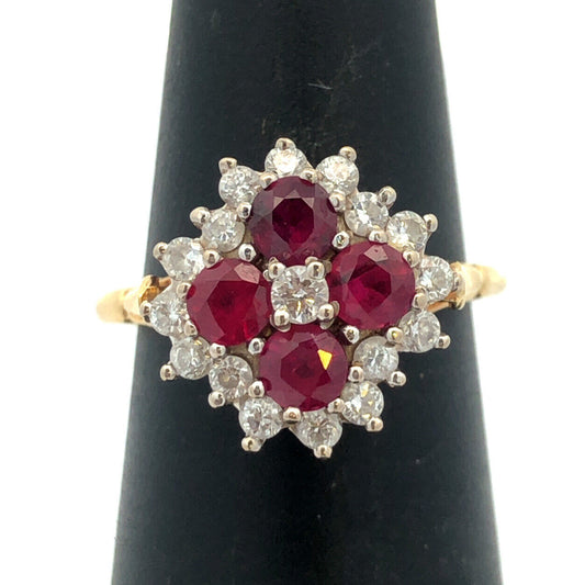 Estate Designer 18K Yellow Gold Ruby Diamond Flower Cluster Cocktail Ring