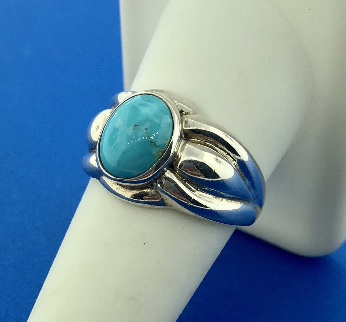 Designer OIM Sterling Silver 925 Oval Turquoise Modernist Ribbed Design Ring