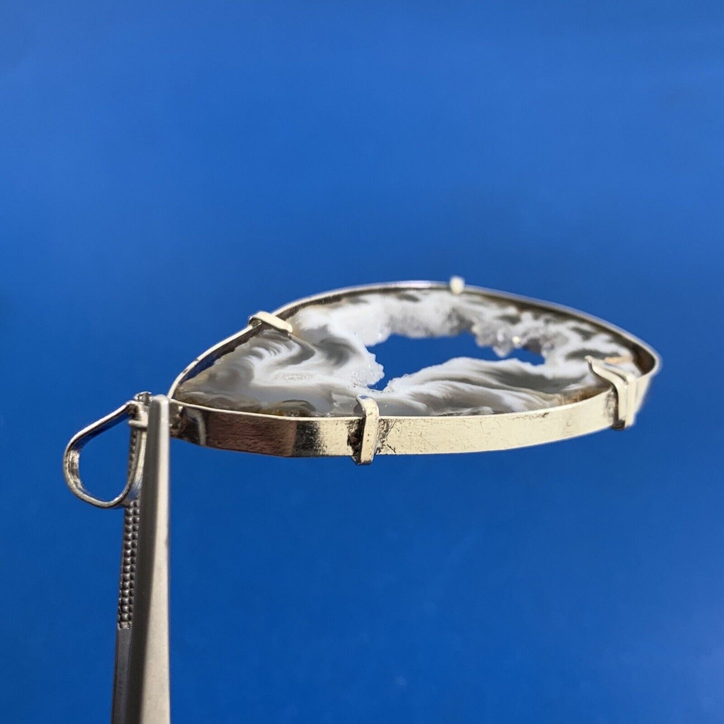 Estate Artisan 925 Sterling Silver Black White Quartz Druzy Geode Slice Pendant