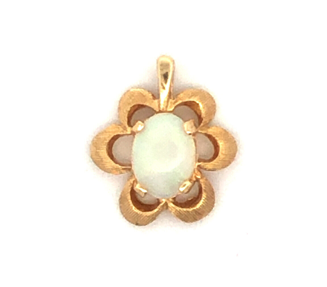 Modernist 14K Yellow Gold Oval Opal Textured Flower Shape Petite Pendant