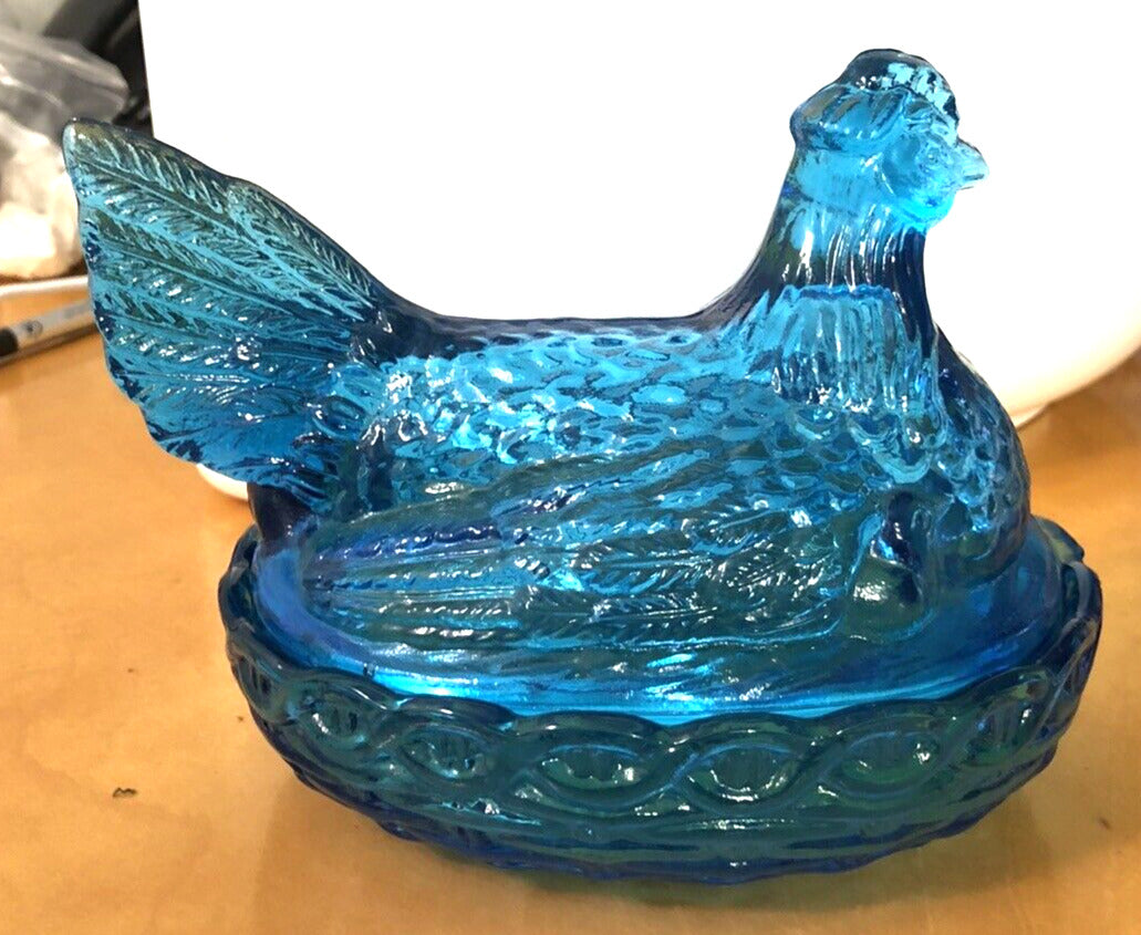 Vintage Blue Aqua Teal Glass Chicken w/Chicks Candy Trinket Dish With Lid